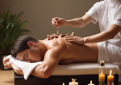 A person is lying on a massage table, covered with a dark towel, receiving a face massage. The massage therapist's hands are gently pressing on the person's forehead and eyes. The environment appears calm and relaxing.