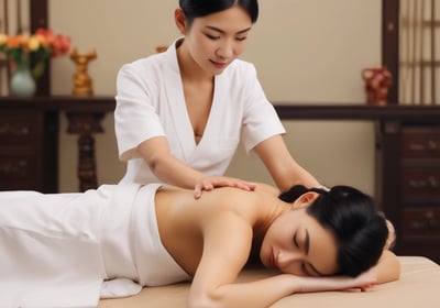 Hands performing a massage on a person's back, applying pressure to specific points. The setting is bright and calming, with soft focus creating a tranquil atmosphere.