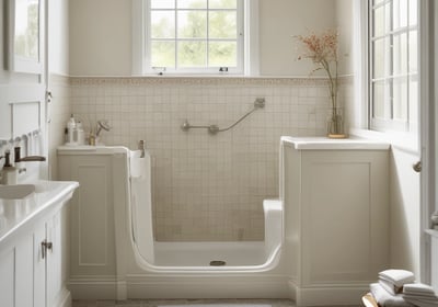 A modern bathroom featuring a white built-in bathtub with chrome fixtures including a handheld shower head attached to the wall. The bathtub is set against a glass wall with a blue hue, providing a contemporary look. Adjacent to the bathtub is a dark wicker basket for storage. The walls and floor are covered with beige tiles, adding a warm tone to the space.