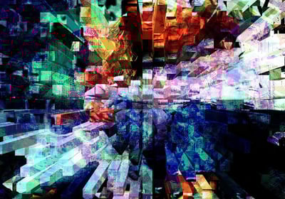 Neon glitch visual with pixel errors and broken lines