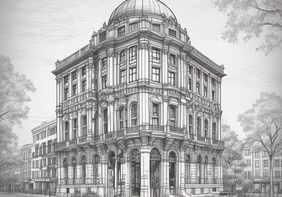 A heritage building with art deco architecture stands prominently at a street corner, featuring red accents and the number 1939 at the top. Modern skyscrapers with unique designs rise in the background, contrasting with the historical charm of the street. Automobiles line the narrow road leading toward the buildings.