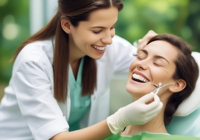 A person is sitting on a dentist's chair holding a round plaque, wearing a white coat and pink gloves in what appears to be a dental office. The room contains dental equipment and artwork depicting teeth.