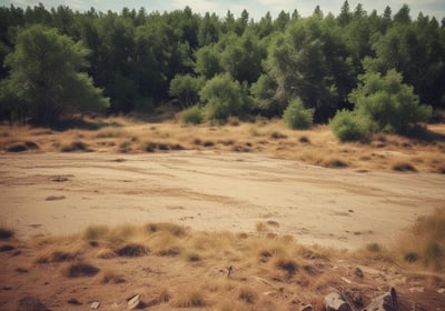 A barren landscape featuring cleared land with piles of logs and tree stumps scattered across the ground. The area is surrounded by standing trees and there are power lines visible in the distance.