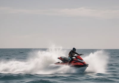 A group of people is interacting in and around a small boat on a body of water. Some individuals are in the water with scuba diving gear preparing for or returning from a dive, while others remain on the boat. One person with goggles rests casually inside the boat.