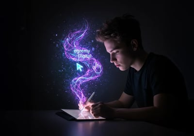 Artista joven dibuja en tablet con espiral holográfica y logo Egremy Digital, simboliza creatividad digital.