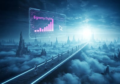 Robots cruzan puente sobre nubes junto a holograma de gráfico Egremy Digital, mostrando delegación automática y rápido crecim