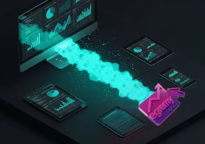 Visualización 3D de dashboard con flujo de datos verde al logo Egremy Digital; analítica multidispositivo y crecimiento.
