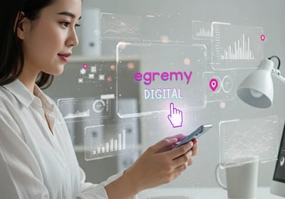 Profesional joven usa smartphone con paneles holográficos de analítica y logo Egremy Digital, simboliza estrategia de marketi