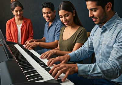 Personas aprendiendo a tocar el piano