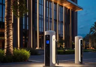 an EV charging station in front of a Luxury Hotel, in qatar
