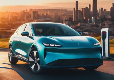A blue electric car besides an EV charger