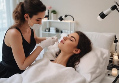 A serene spa setting with three beauty product tubes displayed prominently on a small round table. In the background, a person relaxing in a bathtub with a towel wrapped around their head and sunglasses.