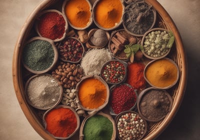 A vibrant market display features various dried peppers, garlic, and other spices hanging from the ceiling. The assortment includes red, yellow, and green peppers, with clusters of garlic adding to the variety. Below the hanging spices, fresh fruits and packaged spices are neatly arranged on the counter.