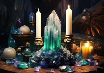 Cuarzo rosa, amatista y selenita alineados en un altar, usados en terapias energéticas para sanación