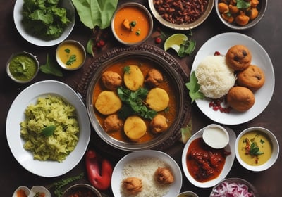 A lavish spread of Middle Eastern or South Asian cuisine is presented on a large metal tray. There are servings of yellow saffron rice and grilled chicken with a side of onions, garnished with lemon and fresh herbs. Two glasses of a yogurt-based drink, possibly lassi, are seen alongside. Additional side dishes include a bowl of green chili peppers and herbs, pickled vegetables, and a small bowl of olives. A large flatbread rests on the side, and the scene is set against a red patterned fabric.