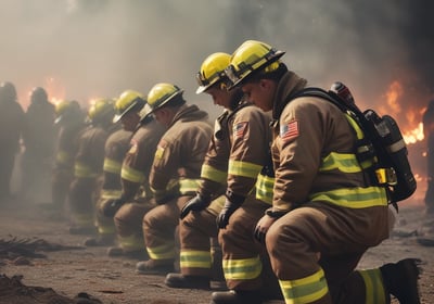 A firefighter wearing protective gear stands facing a large, intense fire with flames and smoke billowing upwards. The firefighter's back is towards the camera, and they are equipped with an oxygen tank. The surrounding area includes trees and a small building in the background.