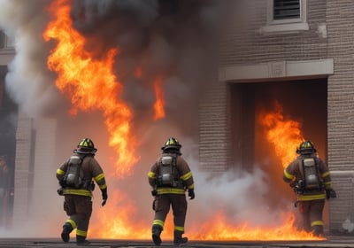 A firefighter stands confidently while wearing full protective gear, including a helmet and reflective striped uniform. He holds a chainsaw in one hand and a hose nozzle over his shoulder. A fire truck with red lights is visible in the background, creating a dramatic scene.