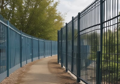 A close-up of a metal structure featuring a series of evenly spaced rectangular cut-outs. The metal appears slightly rusted in places, suggesting age or exposure to the elements. The background is a vivid blue, highlighting the industrial aesthetic.