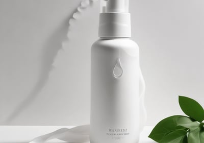 Three white jars of skincare products are arranged on a bathroom counter in front of a mirror. The jars have black text and are labeled as face and body creams with natural ingredients. The background features a faucet and a blurred reflection in the mirror.