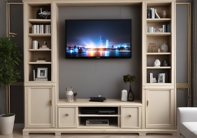 A modern interior with a sleek, glossy cabinet and a display of colorful samples on the wall. The setting is well-lit with natural light coming through a large window, and the decor is minimalistic and polished.