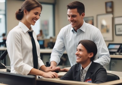 One woman and two men discussing an intern project sponsored by their college
