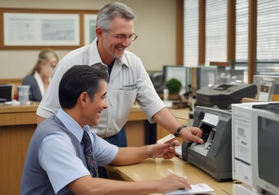 A co-worker showing a new employee how to use an office machine