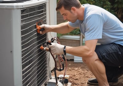 A modern, rectangular air conditioning or heating unit with the logo 'alpha innotec' is installed outside a building with a dark gray brick exterior. The unit is positioned against a light concrete wall, and there is overgrown grass along the edge of the pavement.
