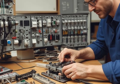 A vintage control panel with teal panels and a rotary dial telephone mounted on it. The setup includes various switches and levers, and there is a sign with instructions. In the background, a fire extinguisher is visible against a white wall.