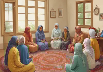 A group of people gathered around a table, where a person in the center seems to be receiving comfort or support. The atmosphere appears intimate and focused, with individuals displaying attentive body language.