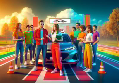 a group of people standing around a car with a car in the background