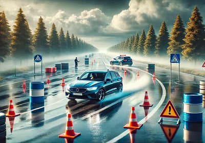 a car driving on a road with traffic cones and traffic cones