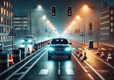 a car driving down a street with traffic lights on