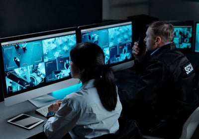 Office lobby under 24/7 watch by Remote CCTV UK cameras to prevent unauthorized building access.