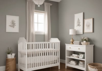 A person wearing a two-tone jacket and black gloves is painting a surface with a white roller brush. There is a can of paint resting on the structure nearby, which has paint splatters on it. The background shows a modern cityscape with tall buildings and overcast skies.