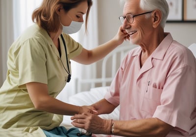A healthcare worker wearing blue gloves is administering a vaccine to an elderly man. The scene focuses on the arm of the person receiving the injection and the hands of the healthcare worker handling the syringe.