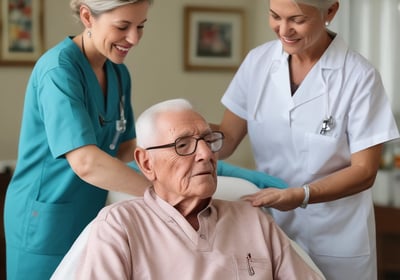 An elderly man sits on a chair beside a bed, holding the hand of a person lying down. The setting is a simple room with plain walls and a window. An intravenous drip is visible, indicating a healthcare environment.