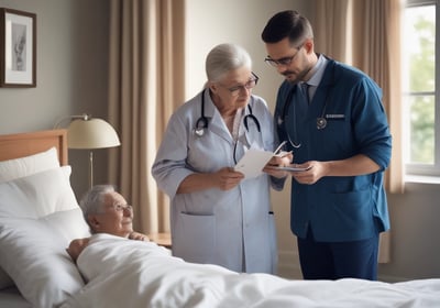 Three nurses in traditional uniforms are making beds in a hospital ward. The beds are organized in a neat row and the room has a dimly lit, monochromatic atmosphere. The nurses are focused on their tasks, arranging the white sheets with precision. In the background, dim figures of people are visible.