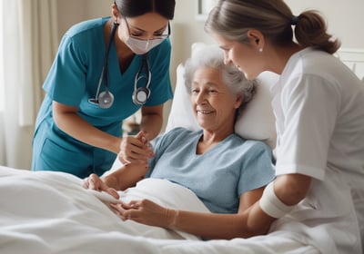 A group of nurses wearing traditional uniforms are gathered around a hospital bed in a clinical setting. One nurse appears to be changing linens or adjusting the bedding of a patient. A basin is placed on the floor, and there is a small table with medical tools and supplies nearby. The setting suggests a hospital or medical training environment from a previous era.