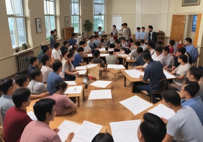A large lecture hall filled with many students sitting at desks, focused on their laptops and notes. The room has a high ceiling with linear light fixtures, creating a structured atmosphere. The walls are lined with panels, and there is a large blackboard at the front of the room.
