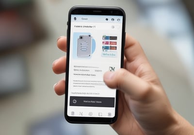 A close-up view of a smartphone displaying a financial app with a graph and numerical data, held by a hand. The screen shows the brand 'Wealthsimple'. Above it is part of a laptop keyboard with keys visible. The background consists of a wooden surface.