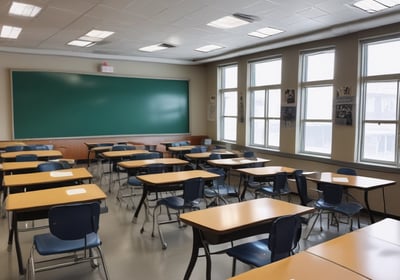 A historical classroom setting with several students seated at wooden desks. The teacher stands at the front near a blackboard filled with writings and diagrams. A globe is placed on a table, and educational charts hang on the walls.