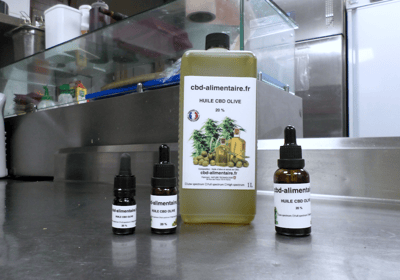Huile d'olive enrichie en CBD, bouteille d'un litre, fiole de 30ml, de 10ml et de 5 ml