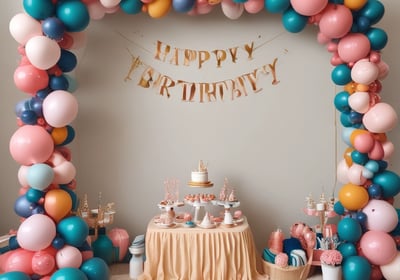 A cozy room decorated for a birthday celebration with wooden paneling and hanging lights. Vines decorate the ceiling and a 'Happy Birthday' banner is prominently displayed with colorful balloons. There are plush seating arrangements and small potted plants add a touch of greenery.
