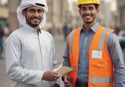 A person wearing a bright red industrial jacket with reflective stripes and a white safety helmet. They are holding a book titled 'Occupational Safety and Health Act' against a plain blue background. The person is smiling and the jacket has a logo on the chest.