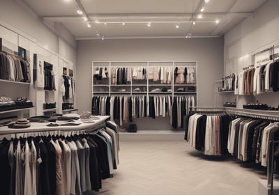 A well-organized clothing store with displays of neatly stacked shirts in various colors, mainly white, blue, and beige. Mannequins dressed in formal attire are placed around the store. Shelves are stocked with boxes and additional clothing items. Overhead lighting creates a warm atmosphere, and signs displaying prices are visible throughout the store.