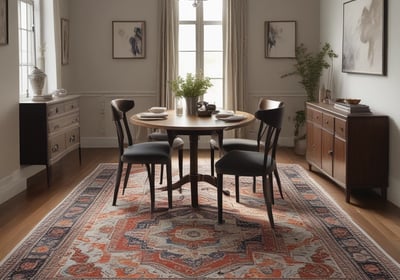 A richly textured, ornate rug with a complex pattern is draped over a decorative chair with a gold-toned frame and an oval white backrest. The rug displays a mix of blue, red, and beige colors with an intricate design. The setting is dimly lit, creating a dramatic and elegant atmosphere.