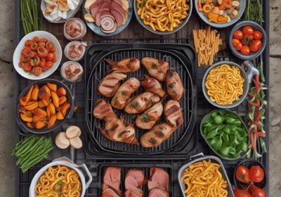 Two people are preparing a meal in a kitchen. There is a pot with dry spaghetti, a jar with herbs, and a bowl of greens on the counter. A package of multigrain crispbread is visible, along with a cutting board topped with crispbread, tomato sauce, cheese, and arugula. A bunch of tomatoes is placed in the foreground.