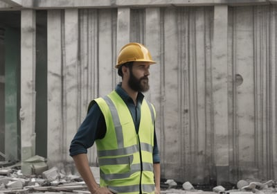 Two construction workers wearing safety vests and helmets walk past a construction site. A sign on the fence reads, 'TEAM WORKS! NO TO ACCIDENT YES TO SAFETY!!!' The background includes a building with blue and yellow exterior colors.
