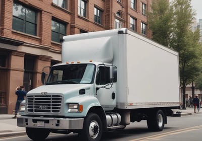 a truck with a white boxy truck in the middle of a city