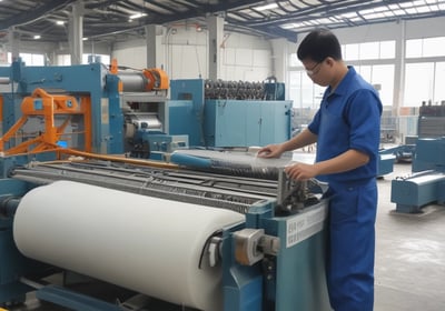 A large industrial food processing setup with a metal container holding a significant amount of pasta. A worker in a white uniform and hairnet is seen from the back, attending to the machinery or pasta. The environment appears to be a clean industrial kitchen.